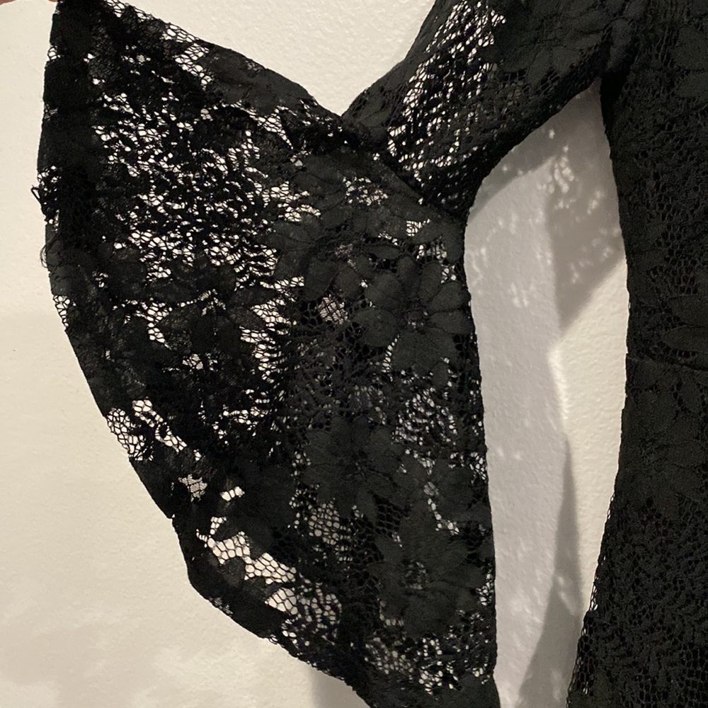 Lulus Black Full Lace Dress with Bell Bottom Sleeves - V Shaped Back -Size Small - Picture 4 of 8